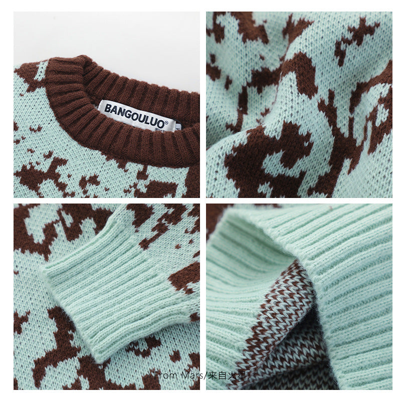 Azure And Other Smoky Rain European And American Dark Contrasting Color Jacquard Knitwear Men's And Women's Round Neck Sweater