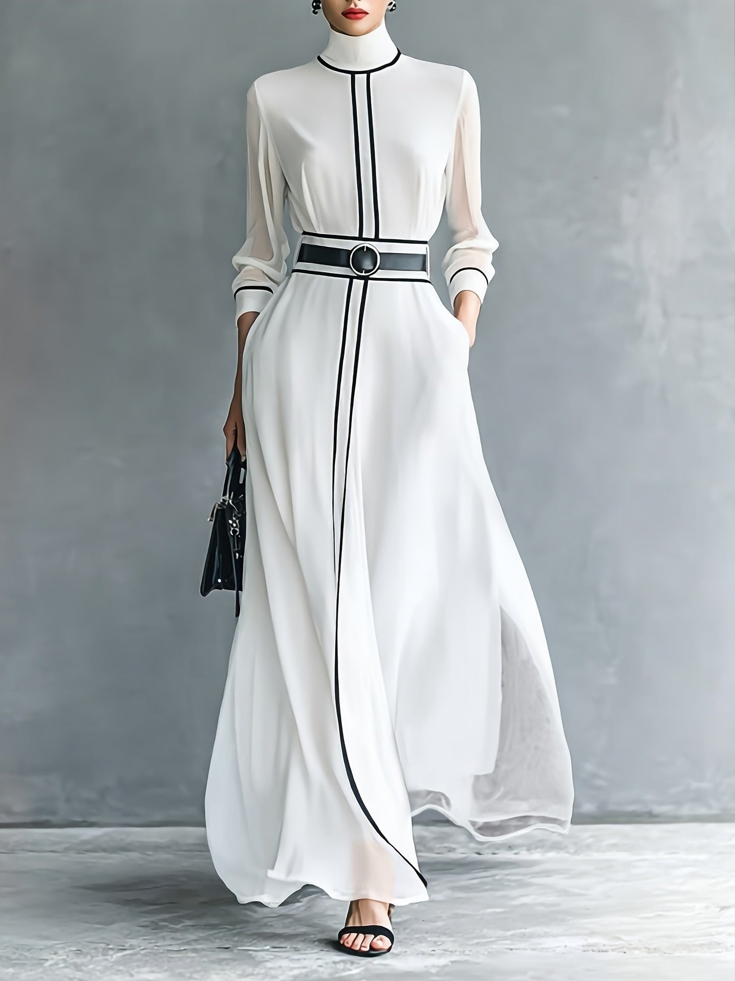Elegant Contrast-color Dress With A High Neck And A Long Chiffon Design