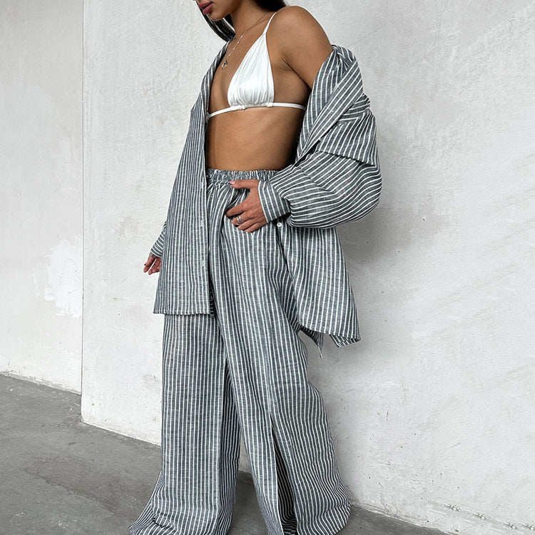 New Arrival Lapel-collar Long-sleeve Shirt And Wide-leg Pants Two-piece Set