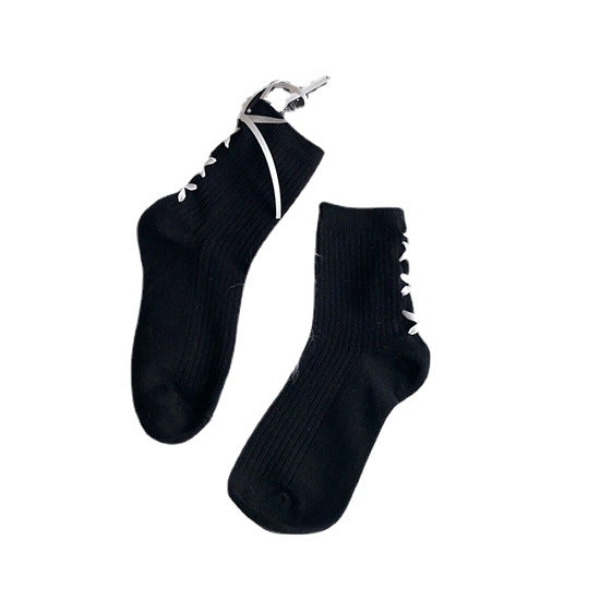 Ribbon Cross Strap Bow Vertical Pure Cotton Girl Student Lace-up Socks