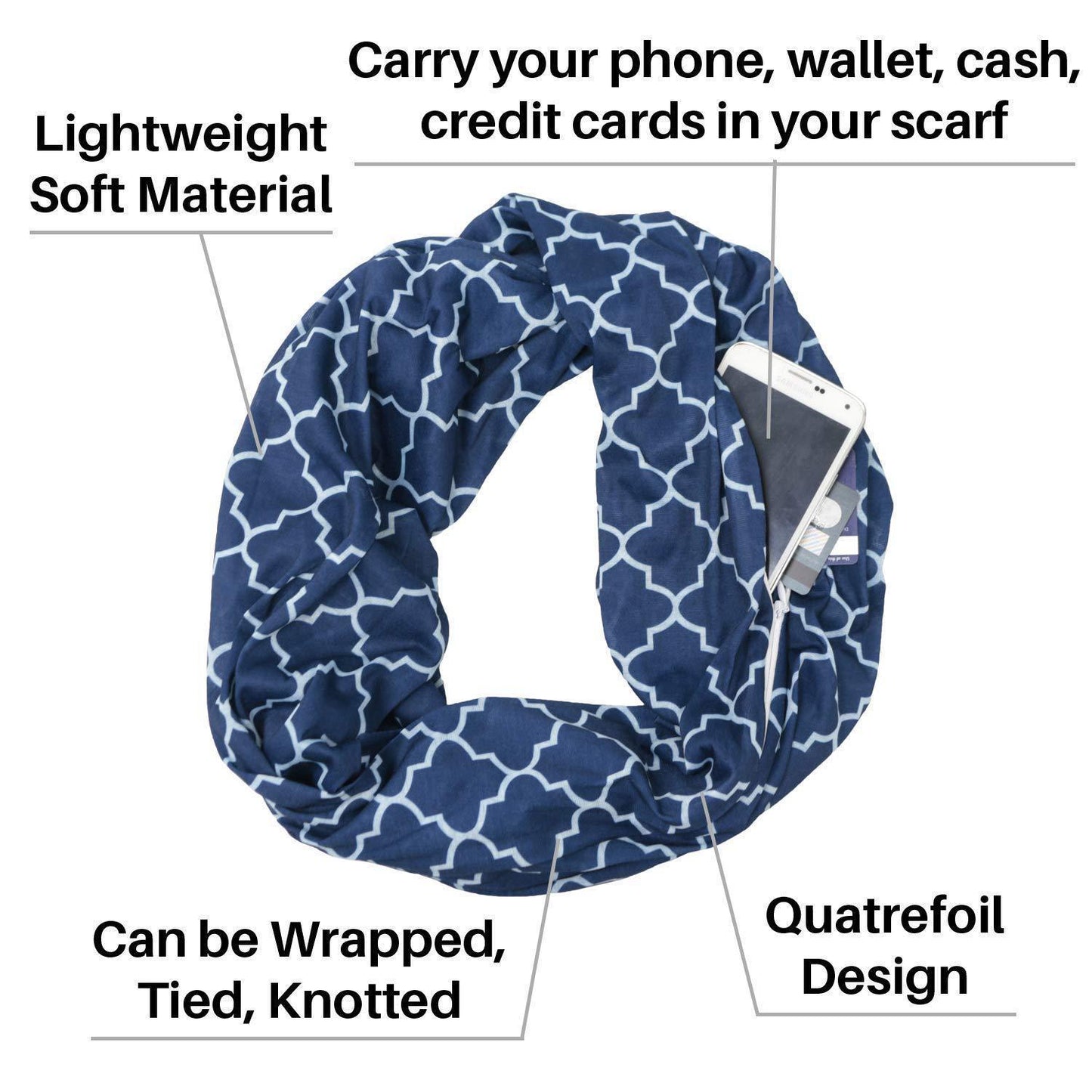 Knitted Infinite Zipper Pocket Scarf Four Petal Flower Print Bib
