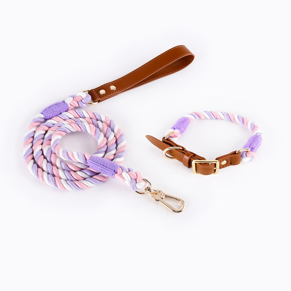 Woven Cotton Rope Leather Pet Dog Collar Suit