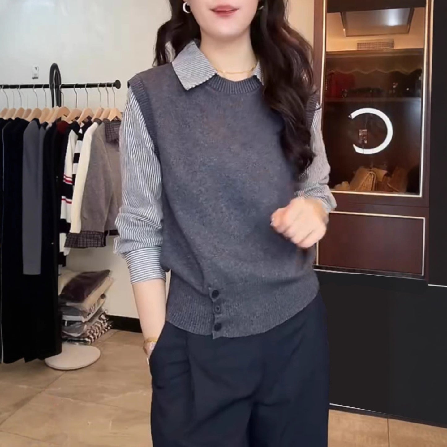 High-grade Fake Two-piece Striped Shirt Stitching Sweater For Women