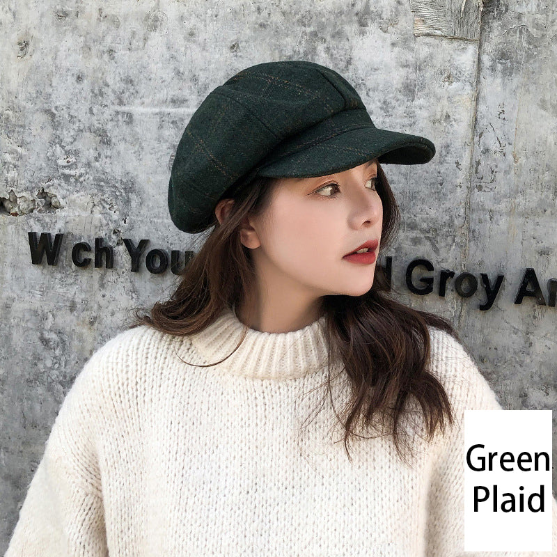 Retro Literary Octagonal Hat Plaid Beret
