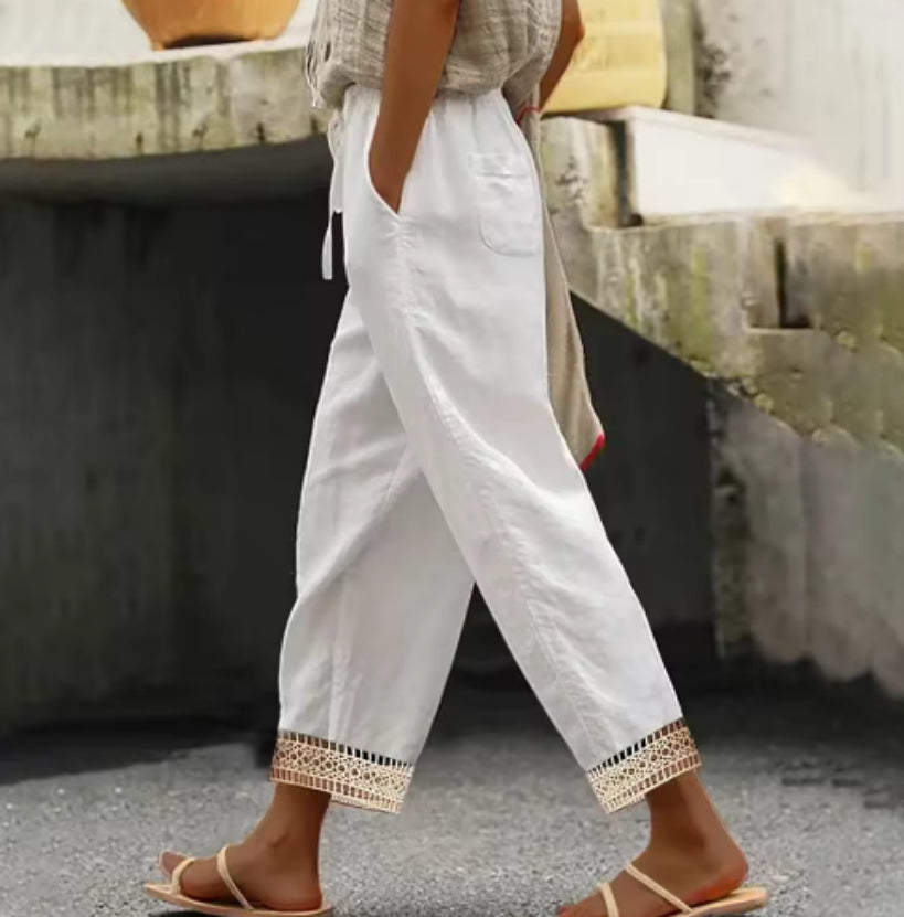 Cotton And Linen Trousers Elastic Waist Ankle-length Pants Stitching Lace