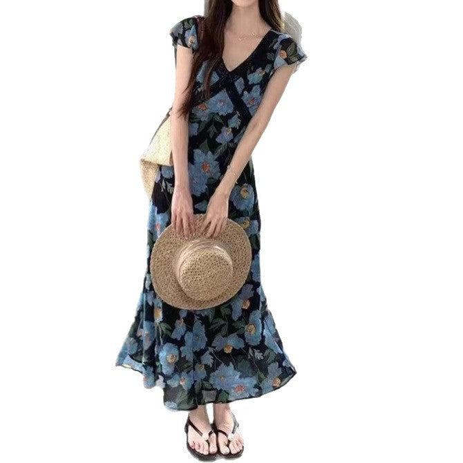 Resort Style V Neck Ruffled Sleeve Patchwork Maxi Dress
