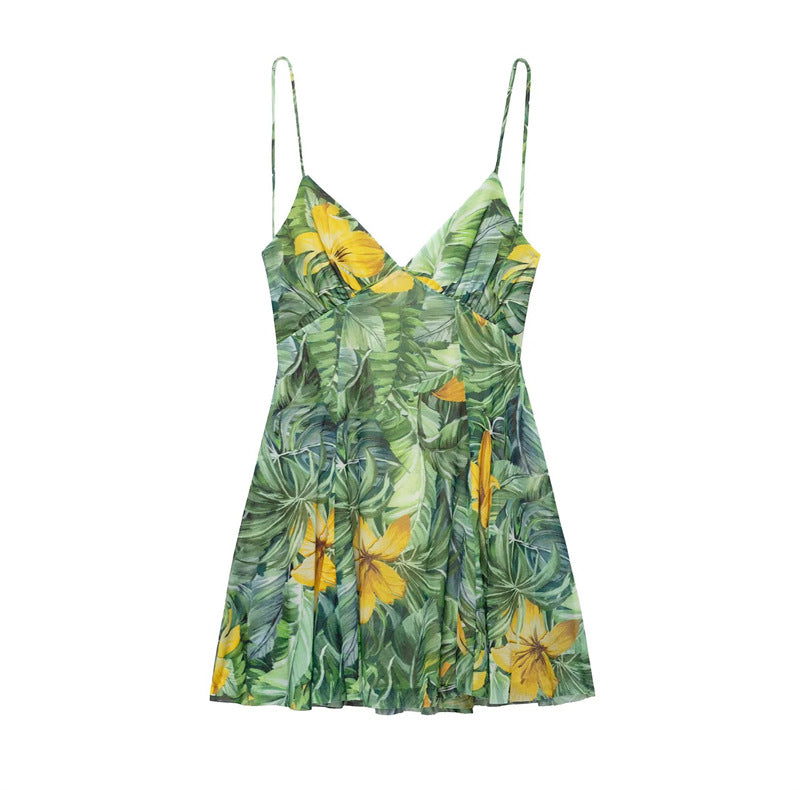 Printed V-Neck Leopard-Print Strap Short Dress For Women