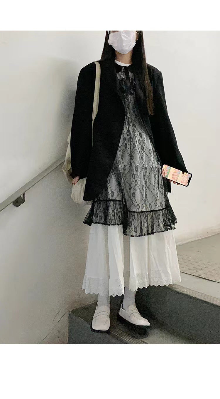 Spring White Lace Trim Tiered Skirt