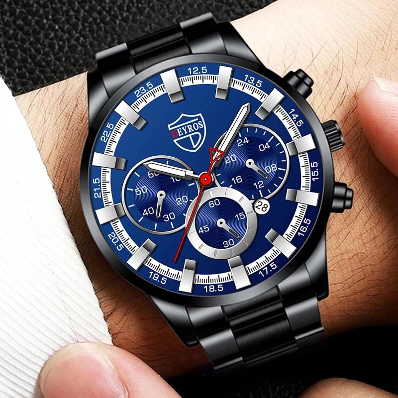 Luxury Men's Stainless Steel Quartz Wristwatch with Calendar and Luminous Hands