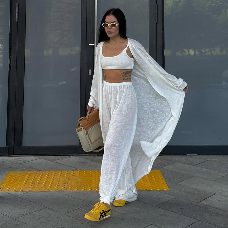 Casual Fashion 3-piece Set Long-sleeve Cardigan Vest Wide-leg Pants