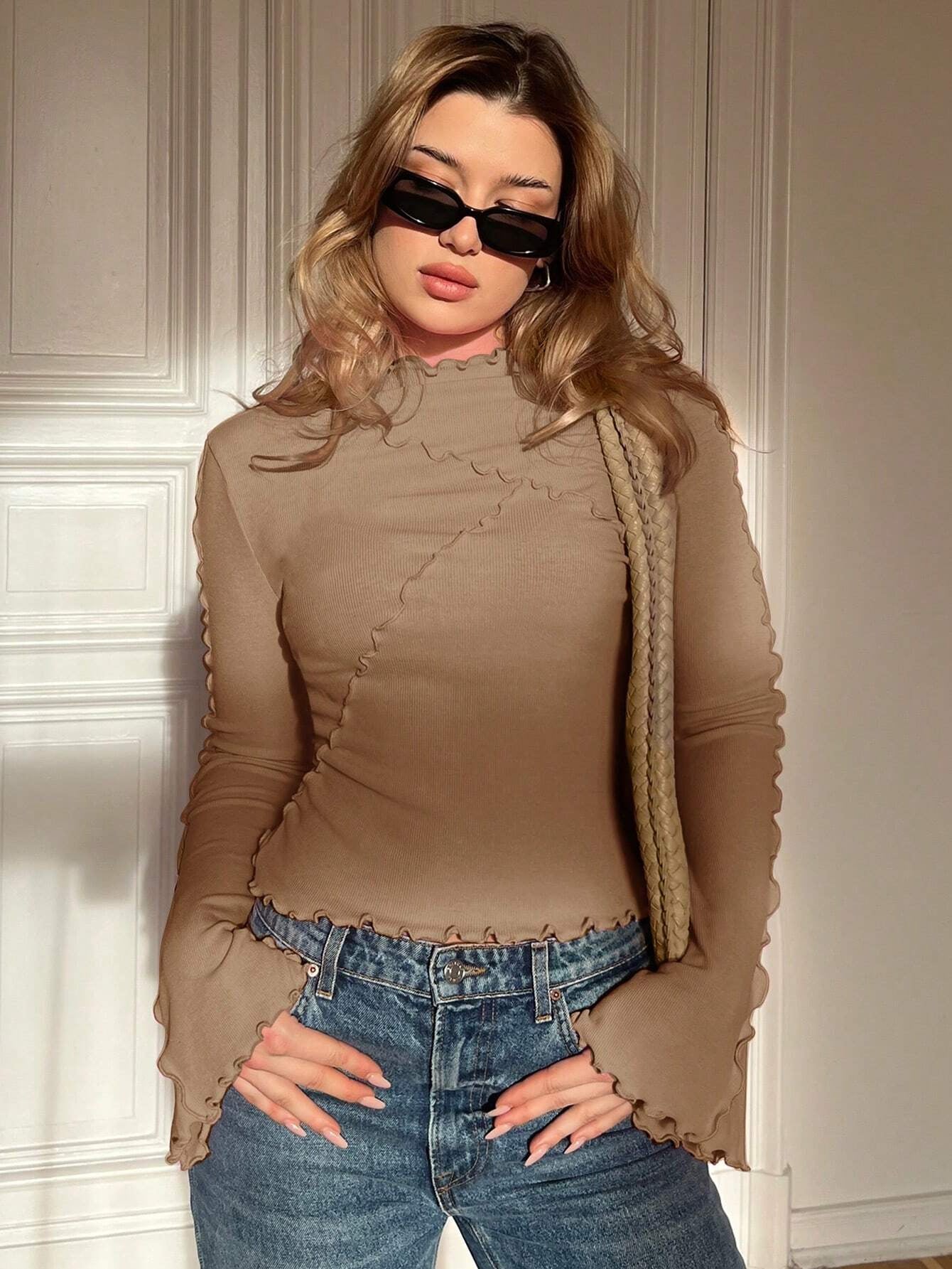 Asymmetric Turtleneck Flared Sleeves Long Sleeves