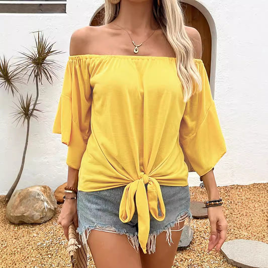 Sommer Efterår Dame Tøj Ensfarvet Off-shoulder Afslappet T-shirt Top
