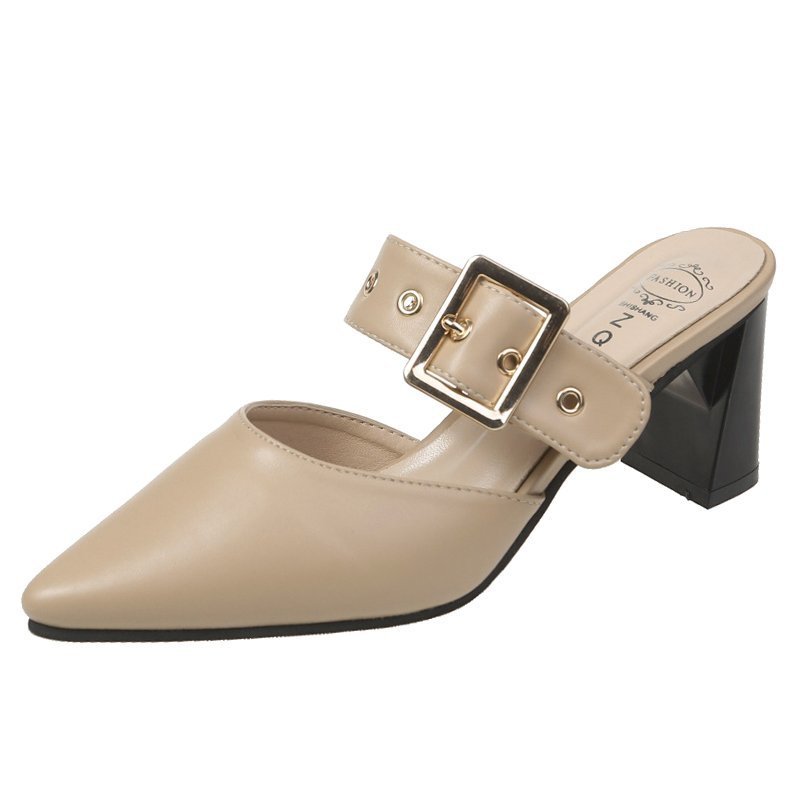 New Fashion Belt Buckle Pointed Thick Heel Mid Heel Muller Sandals And Slippers