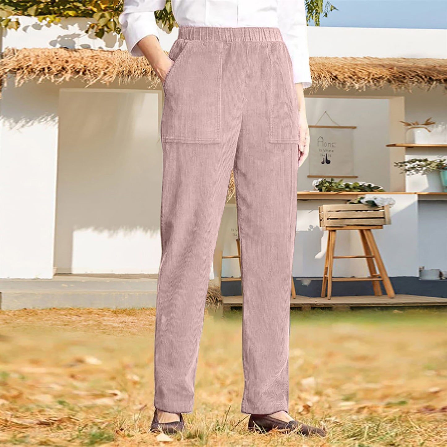 Women's Pure Color Elastic Waist Striped Straight Casual Pants