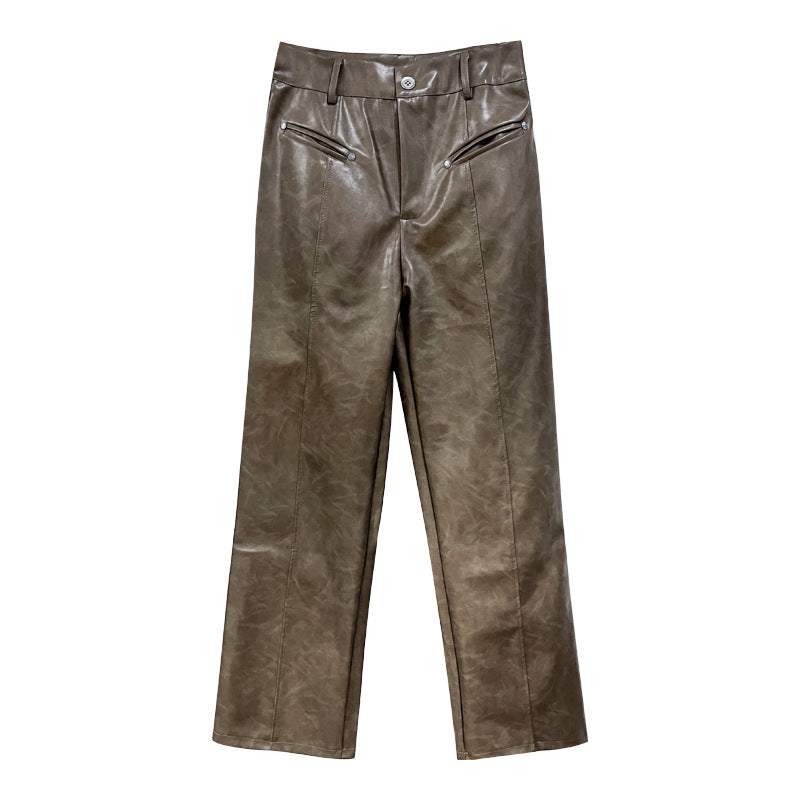 Women's Autumn And Winter PU Texture Casual Pants