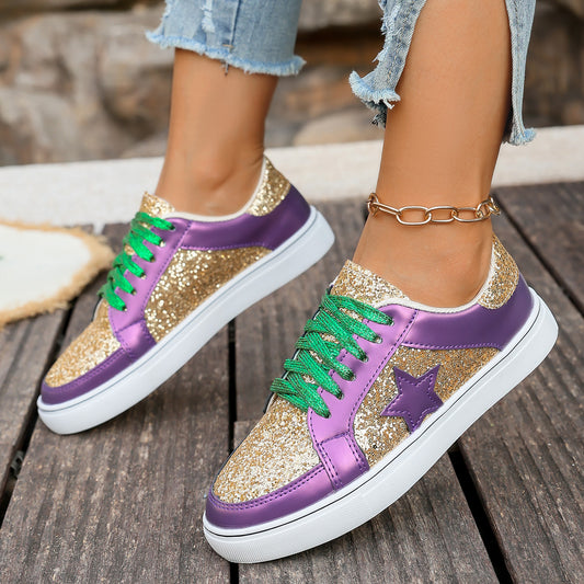 Stylish Flat Chunky-sole Low-top Shoes With Sequins And Lace-up Design