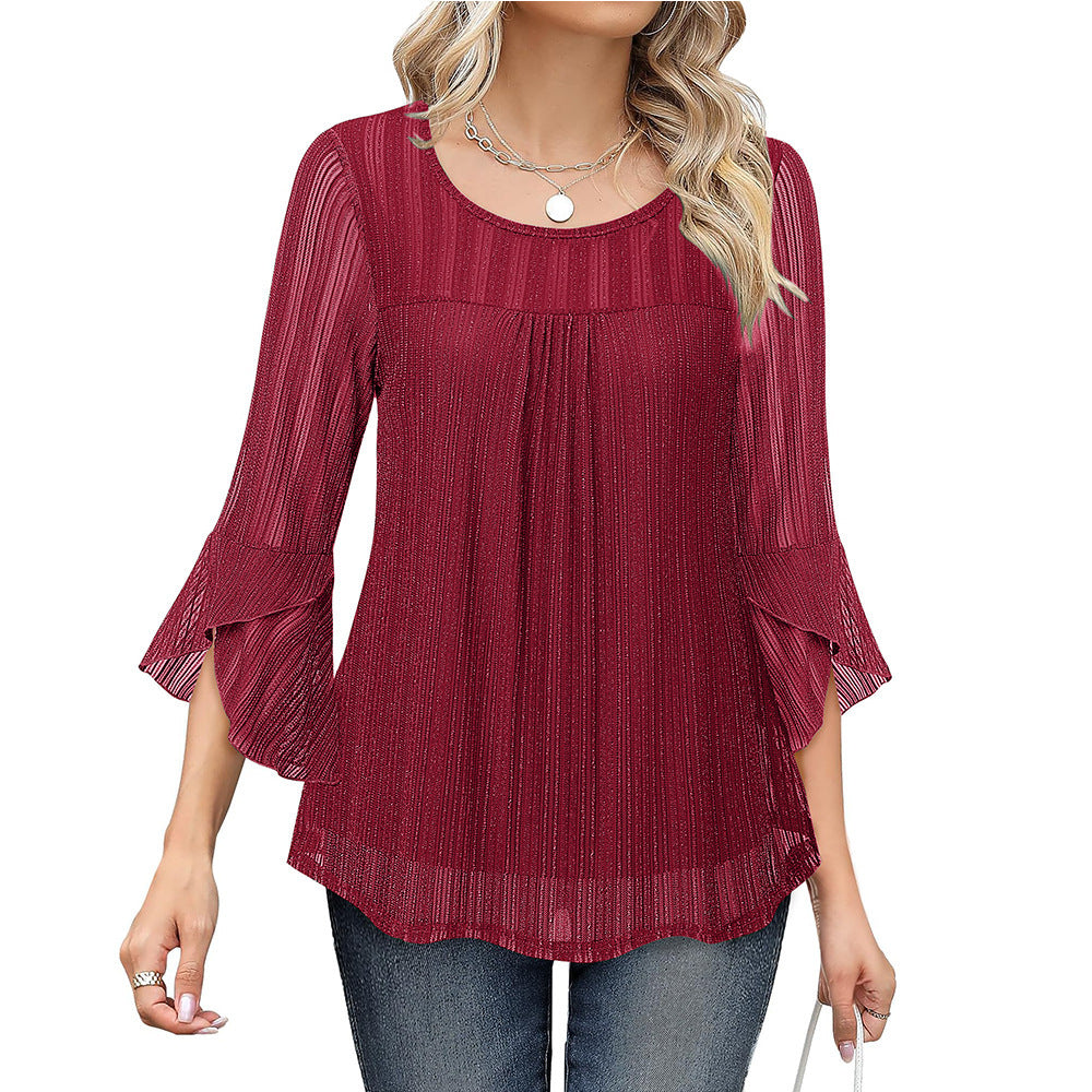 Elegant And Stylish Round-neck Top With Ruffled Sleeves And Sparkling Mesh Fabric