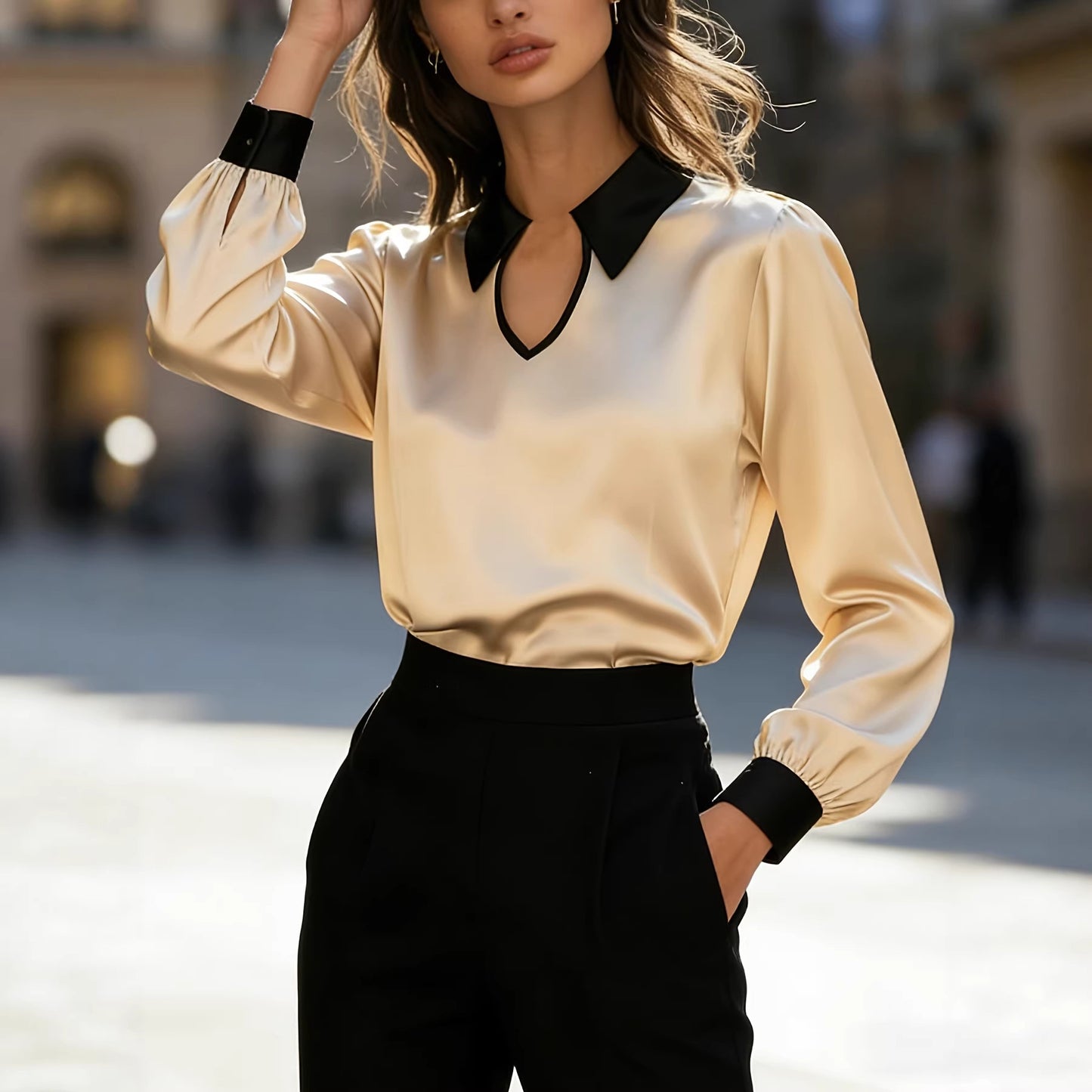 Women's Spring And Autumn Fashion Contrasting Color Collar With Mouth Top Long Sleeve Collar Satin Commuting Shirt Top