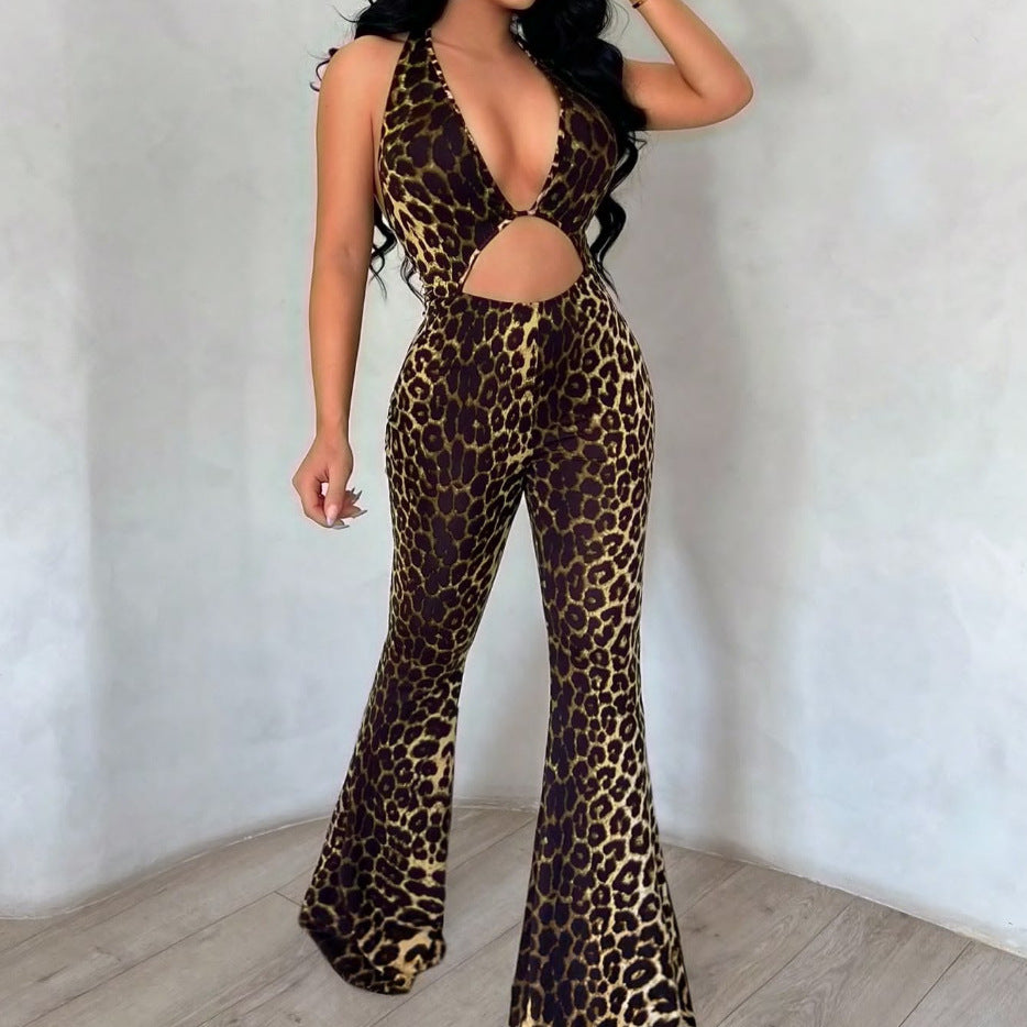 Leopard-print Flared Pants High-waisted Jumpsuit