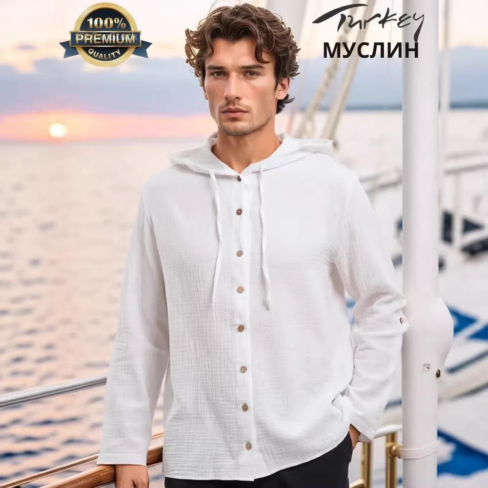 Men's Solid-Colored Long-Sleeve Cardigan Hoodie Cotton Shirt