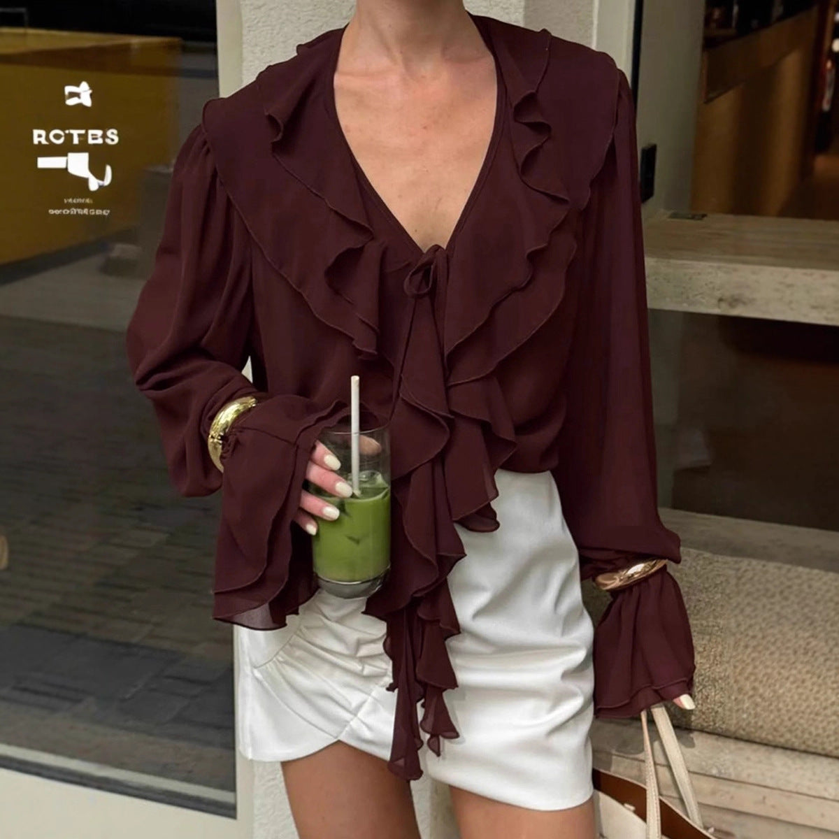 Retro Bordeaux V-hals Bluse Med Snøredetalje