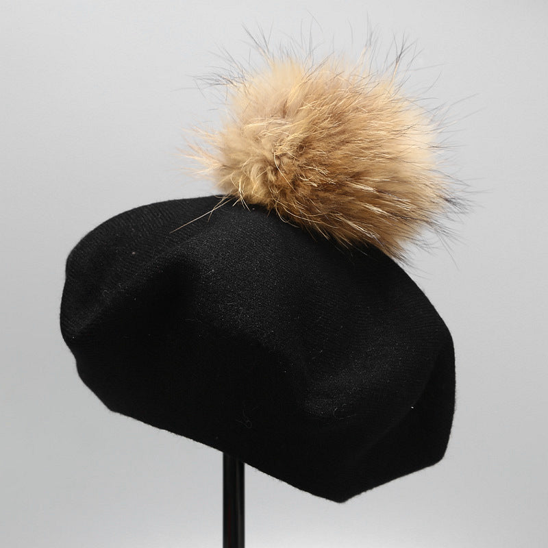 Ins Hat New Real Hair Ball Beret Women