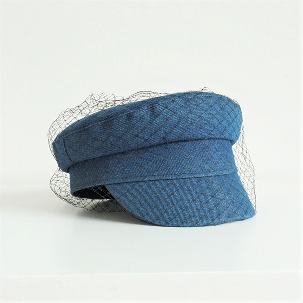 Women's Flat Top Denim Mesh Navy Hat