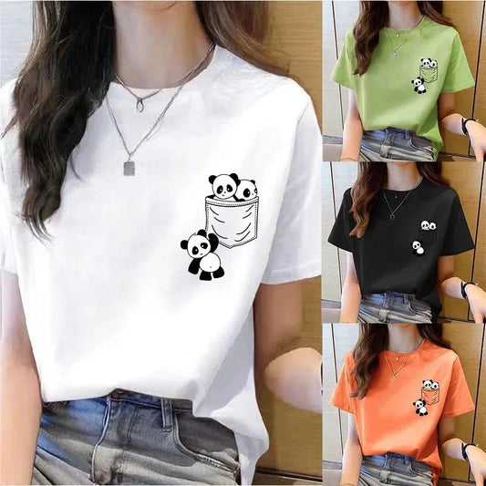 Women's Short Sleeved Coat Summer Pocket Panda Cartoon Print