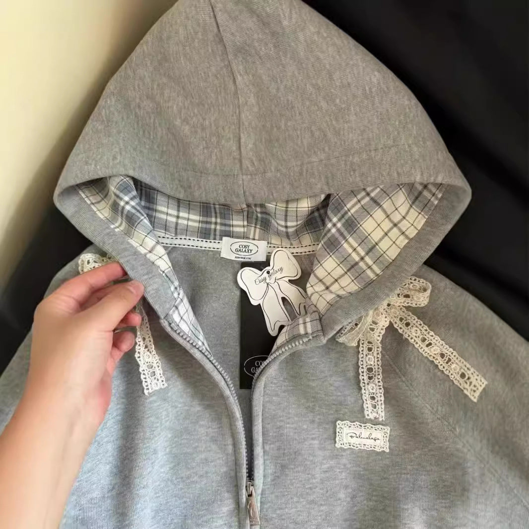 Women's Fashion Lace Bow Zipper Jacket