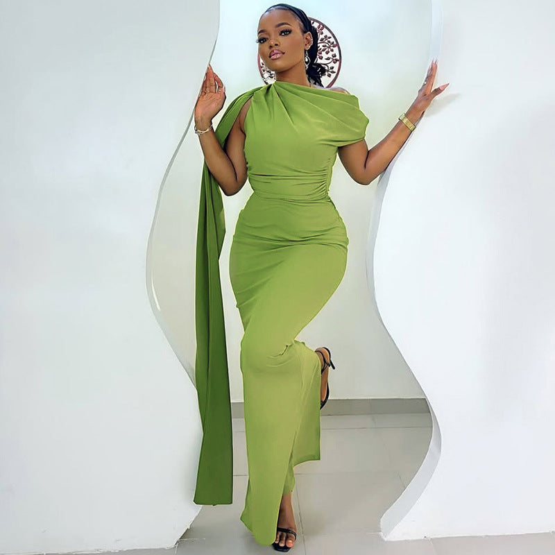 Slim Fit Elegant Solid Color One Shoulder Long Dress