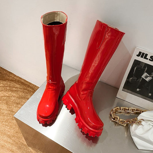 Women Knee High Boots Wedges High Heels Platform Lace Up Plush Inside Warm Fur