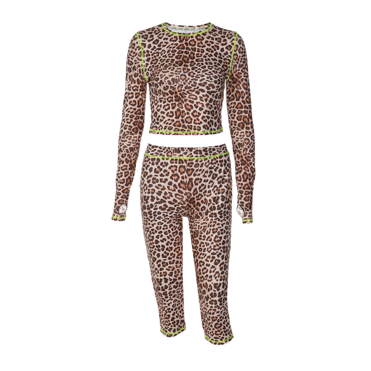 Womens Fashion Leopard-Print Long-Sleeve Top And Slim-Fit Pants Set