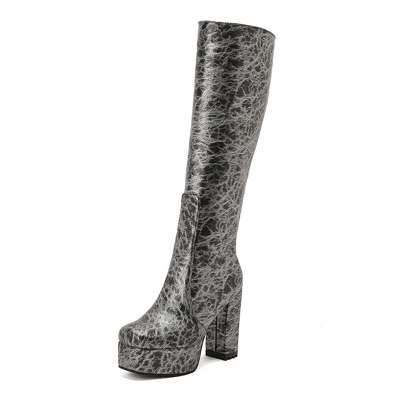Women's Solid Color Platform Side Zip Square Toe Chunky Heel Boots