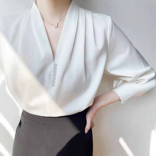 Women's Polyester V-neck Chiffon Long-sleeved Shirt