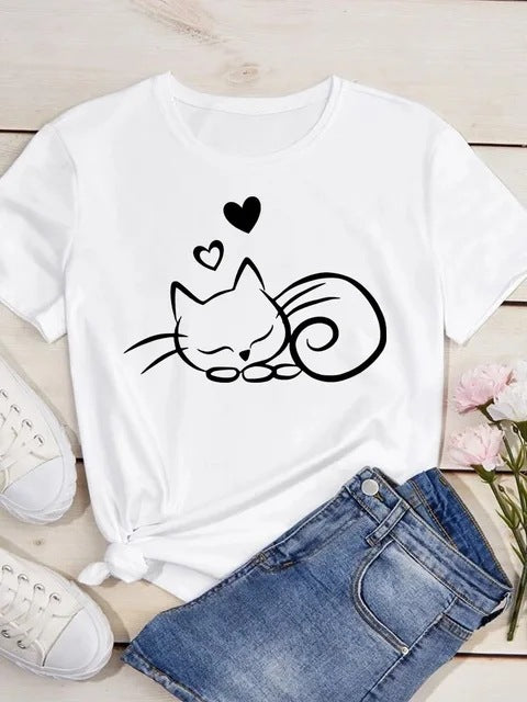 Womens Heart-Shaped Cat Crew-Neck Printed Short-Sleeve Top