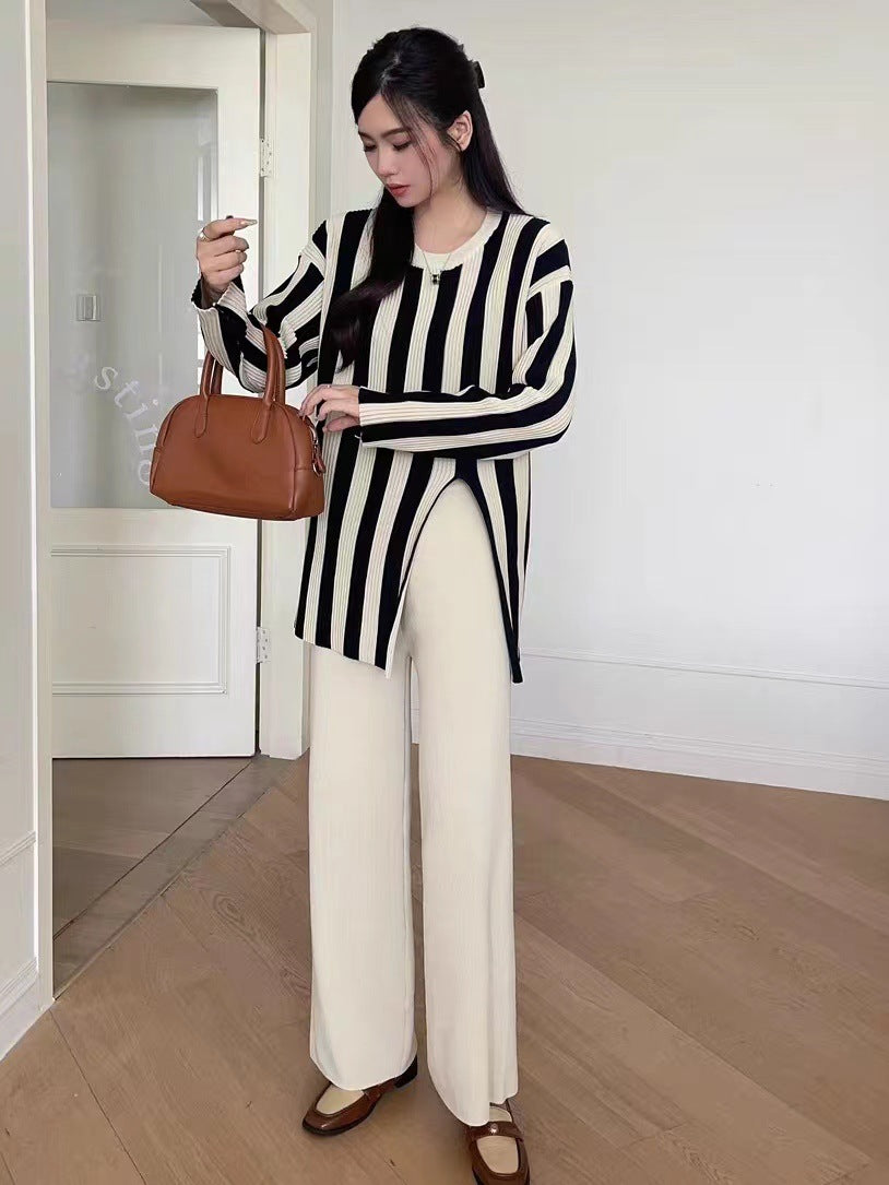 Vertical Stripes Crew Neck Split Knitwear Top High Waist Wide Leg Trousers Fashion Two-piece Suit