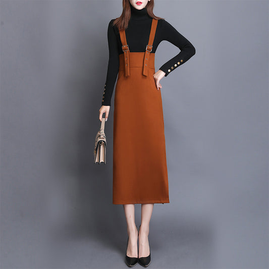 Women's Fashion Woolen Solid Color Suspender Skirt