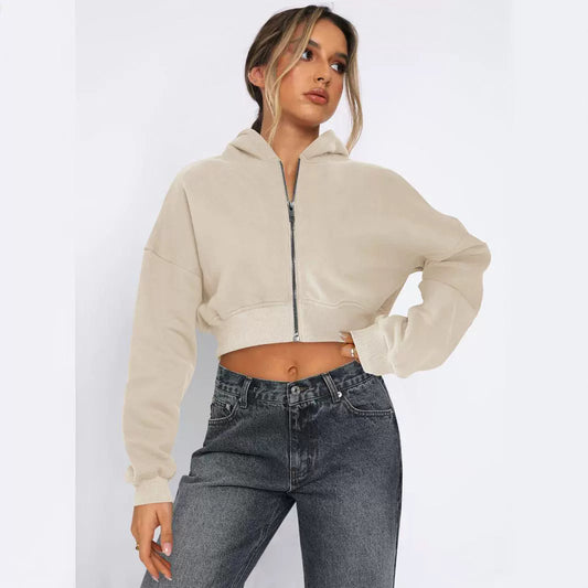 Langærmet Fleece Cardigan med Lynlås Hættetrøje Afslappet Jakke