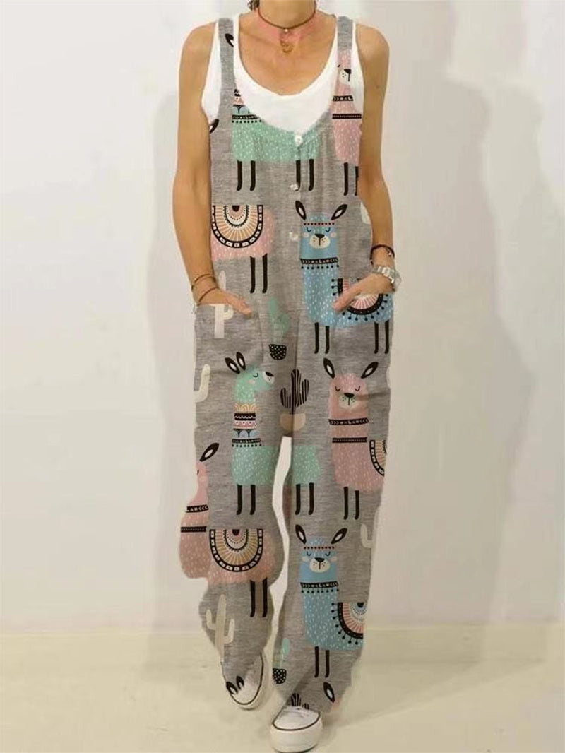 Women's Animal Floral Botanical Print Casual Sleeveless Loose Jumpsuit