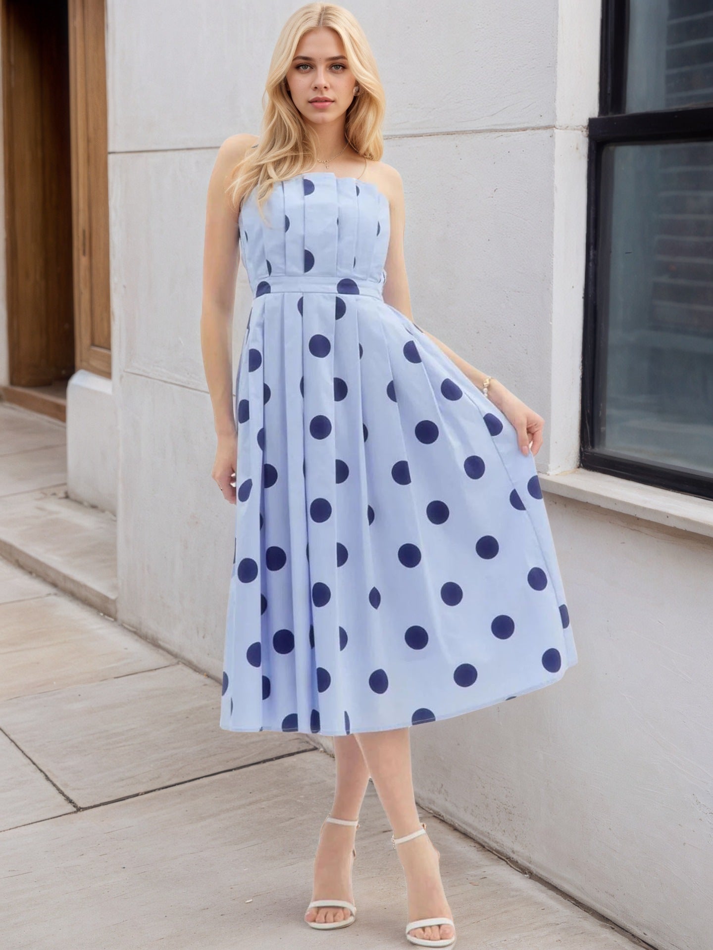 Elegant Polka-dot Sleeveless Slimming Dress