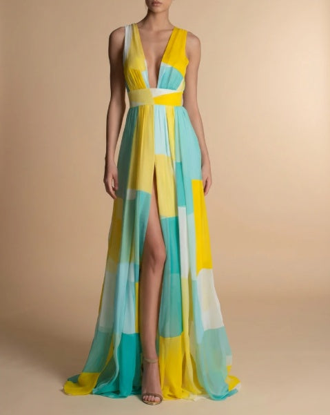 Serene Geometric Color-Block Chiffon Maxi Dress-Sun-Kissed Yellow & Azure Blue