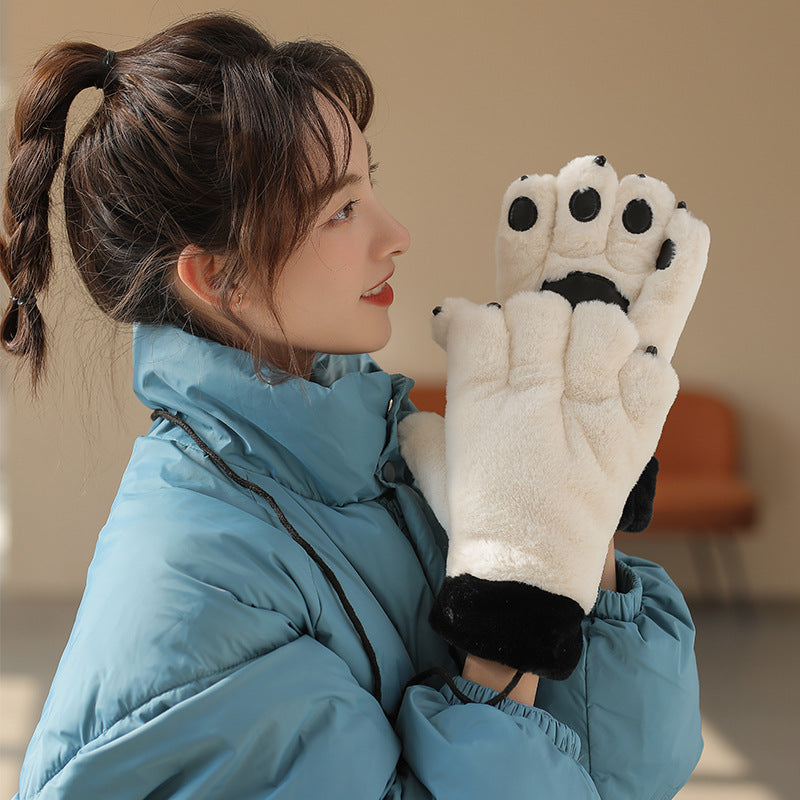 Cute Cartoon Bear Claw Plush Gloves Female Winter Warm Fleece-lined Thickened Hand-shaped Brush Road Bike Skiing