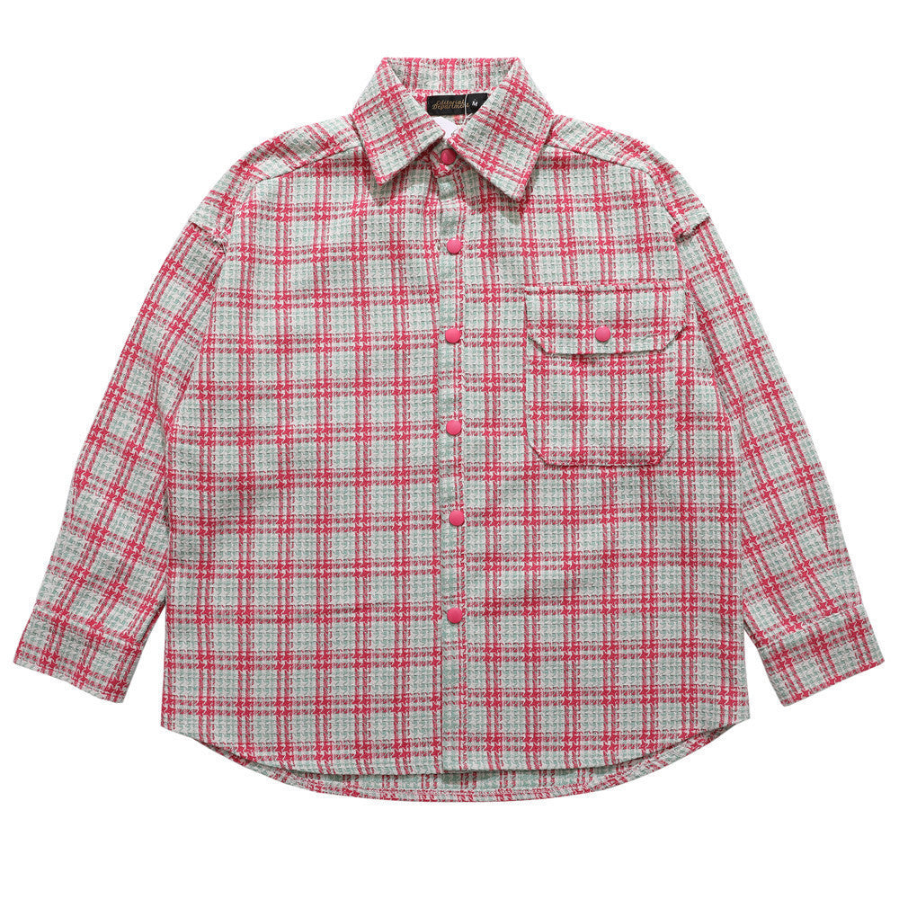 Letter Embroidery Men's Street Lapel Long Sleeve Shirt Autumn Loose Fine Plaid Shirt