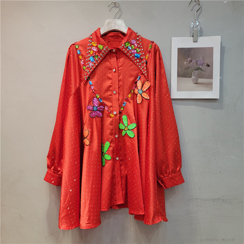 Beaded Lapel Women's Long Sleeve Loose Autumn Winter Shirt