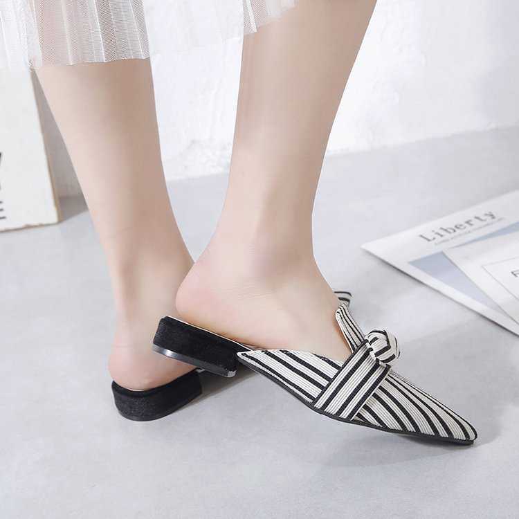 Lazy Half Slippers Fashion Striped Bowknot Pointed Toe Low Heel Square Heel Half Sandals