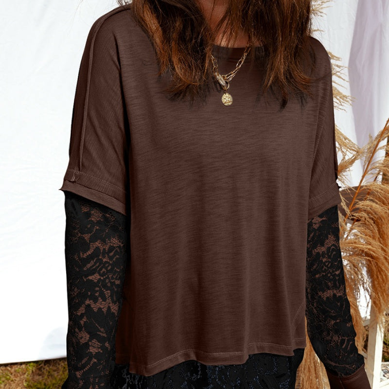 Light French Beige Sheer Lace Patchwork Casual Long-Sleeve T-Shirt