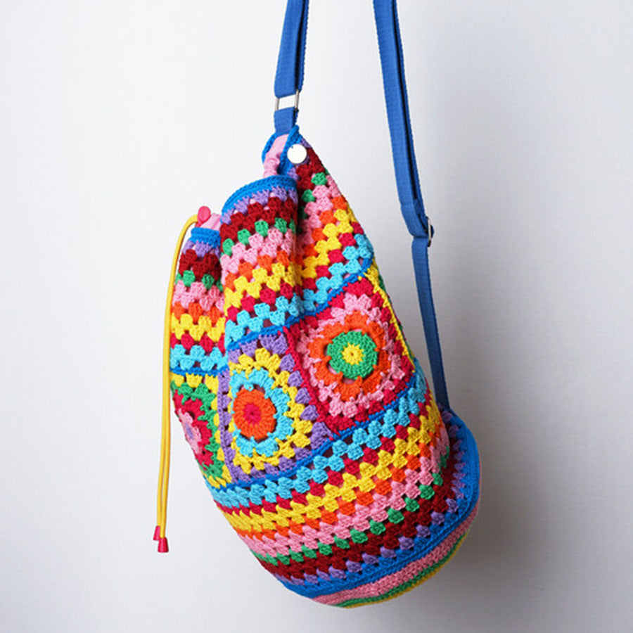 Drawcord Contrast Grandmother Plaid Woven Bag