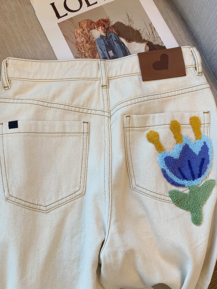 Women's Vintage Flocked White High Waist Jeans