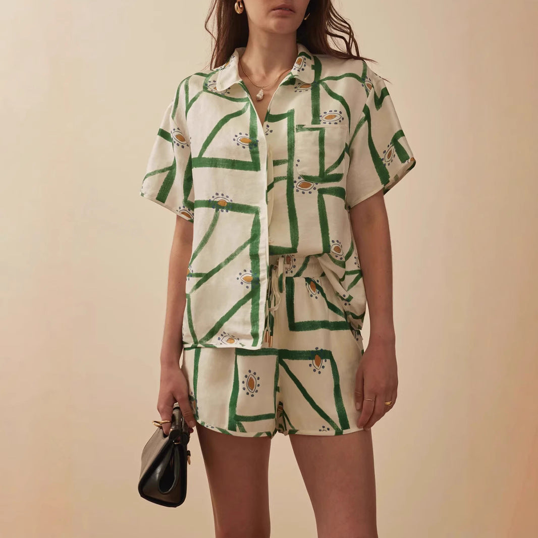 Color Block Loose Short Sleeve Printed Shirt Womens Casual Set