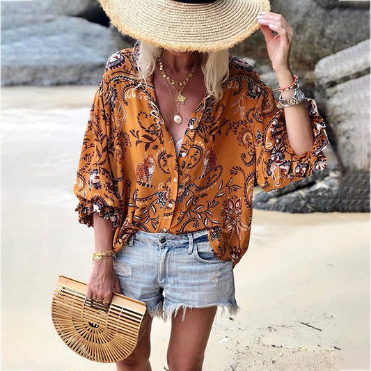 Lace-trimmed Long-sleeve Printed Loose-fitting Single-breasted Top